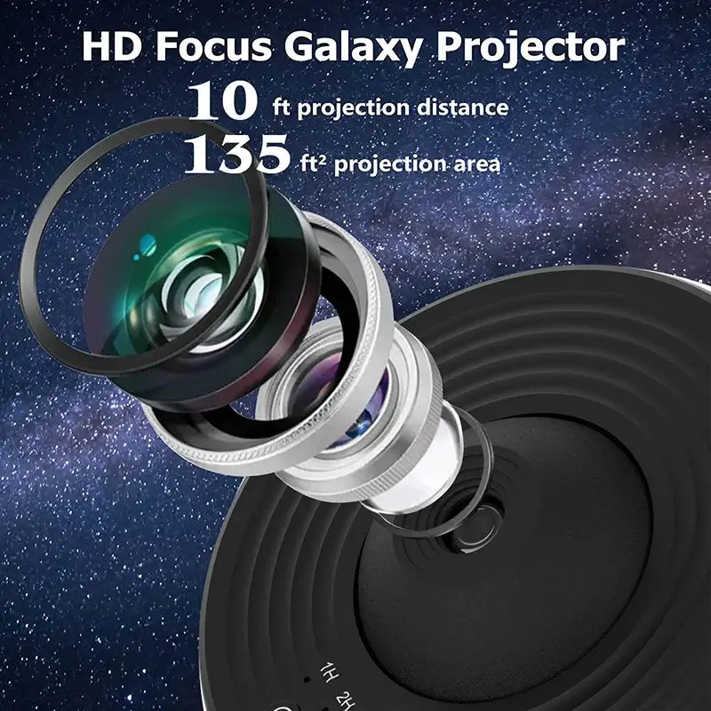 PROYECTOR DE GALAXIA with HD focus, showcasing lens and projection details against a starry background.