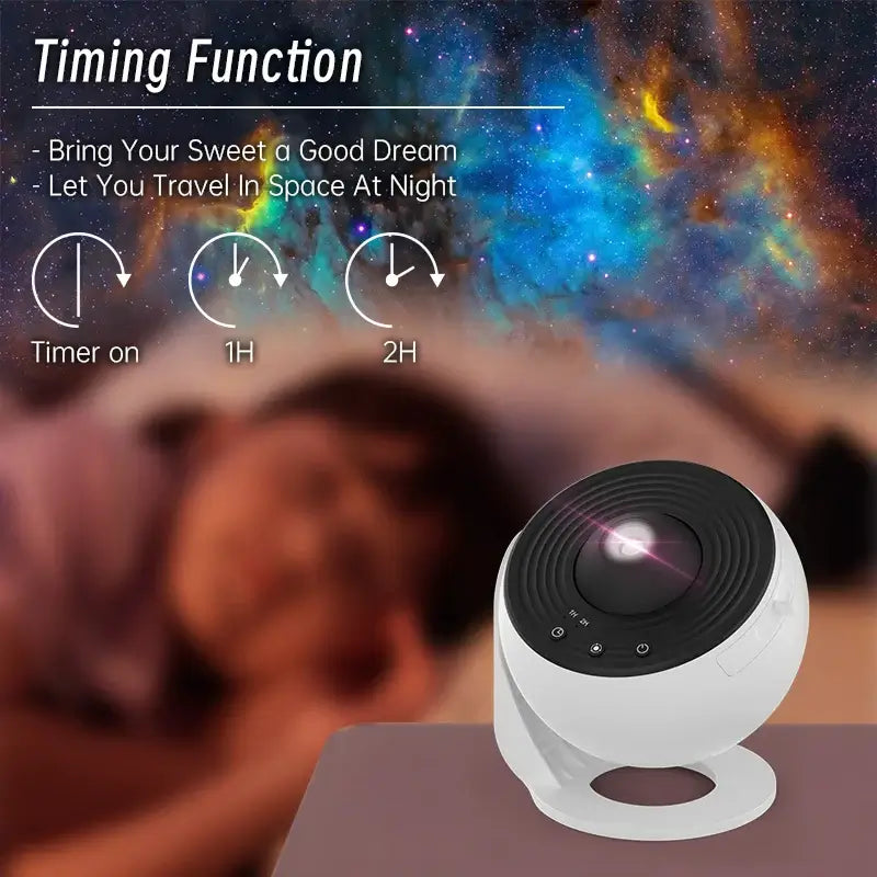 PROYECTOR DE GALAXIA con función de temporizador para disfrutar del espacio de noche y tener dulces sueños.