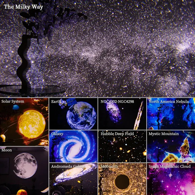 PROYECTOR DE GALAXIA projecting images of the Milky Way and various celestial bodies in HD quality.