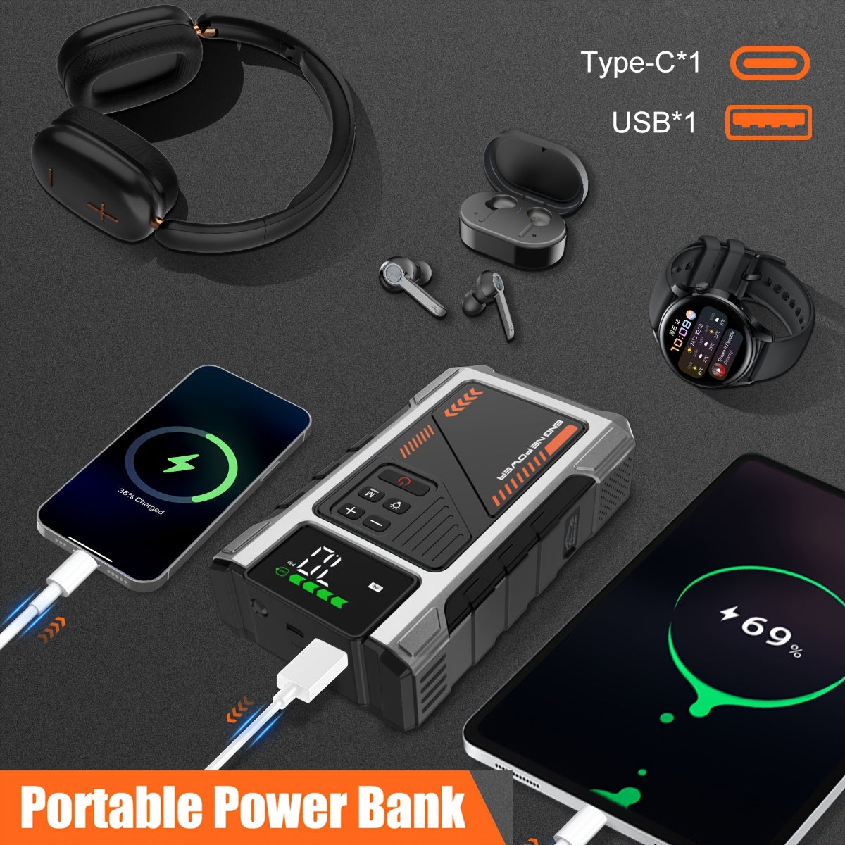 Arrancador de Emergencia para Vehículos 12000mAh + Compresor de Aire 150PSI